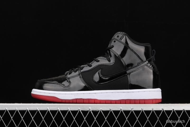 NIKE SB DUNK High Premium lacquered leather black and red high top casual skateboard shoes AJ7730-001