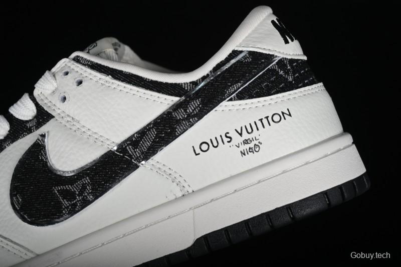 Nike SB Dunk Low LV Collaboration - Beige Black Denim Floral Anniversary High-End Custom Low-Top Casual Skate Shoes - XB3802-358