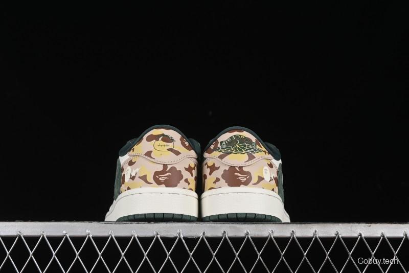 Nike Travis Scott x Fragment Design x Air Jordan 1 Low OG SP AJ1 Bape Collaboration - Camo Green Low Top Casual Sneakers - JH6088-614