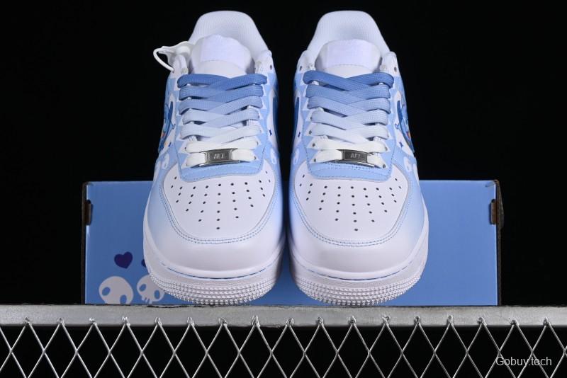 Nike Air Force 1 '07 Low Witch Collaboration Custom Leather Sneakers with Skull Design and Gradient White-Blue - CW2288-111