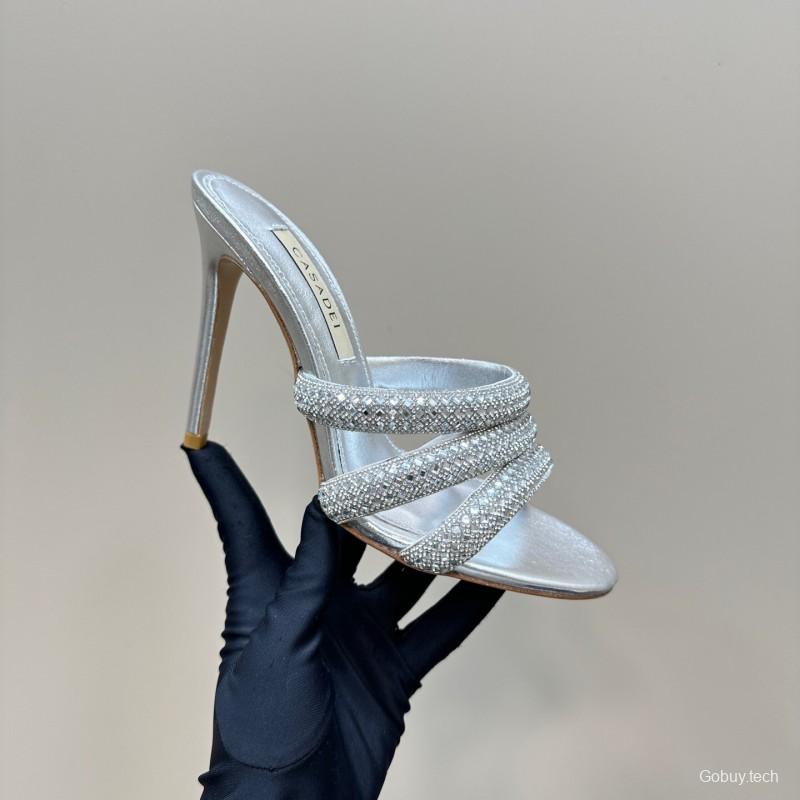 2025 Women Casadei Silver Leather High Heel Crystal Embellished KFY00290