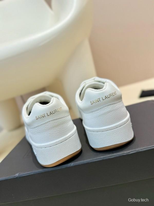 2024 Unisex Yves Saint Laurent White Silk Leather Sneakers Gold Hole Punch MJ00350