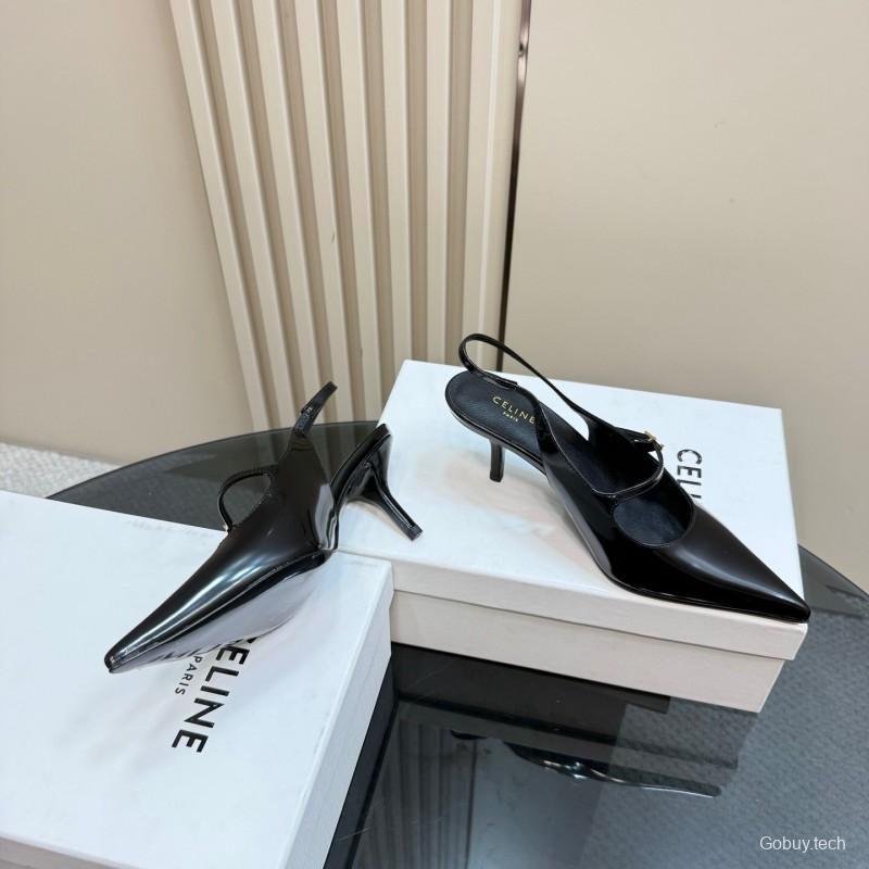 2025 Women Celine Black Patent Leather Slingback Pointed Toe Heels KFY00310