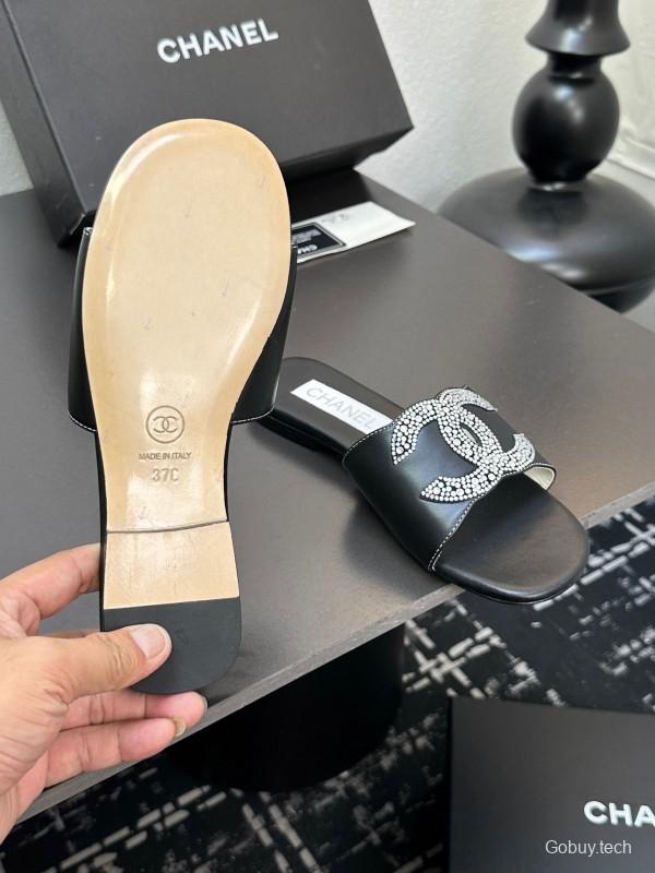 2025 Women Chanel Black Leather Rhinestone Logo Slide Sandals LY00360(F)