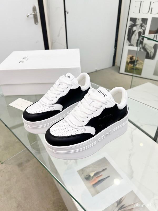 2025 Women Celine Black White Leather Platform Sneakers Block Triomphe LY00270