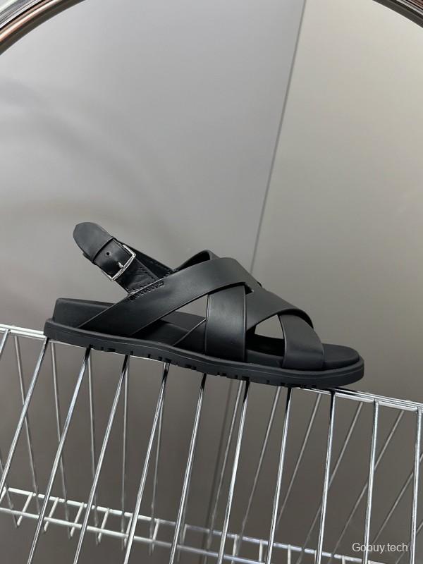 2025 Women Hermès Black Leather Sandals