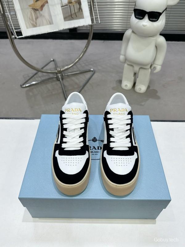 2025 Women Prada Black White Leather Suede Sneakers Downtown Bold KFY00310