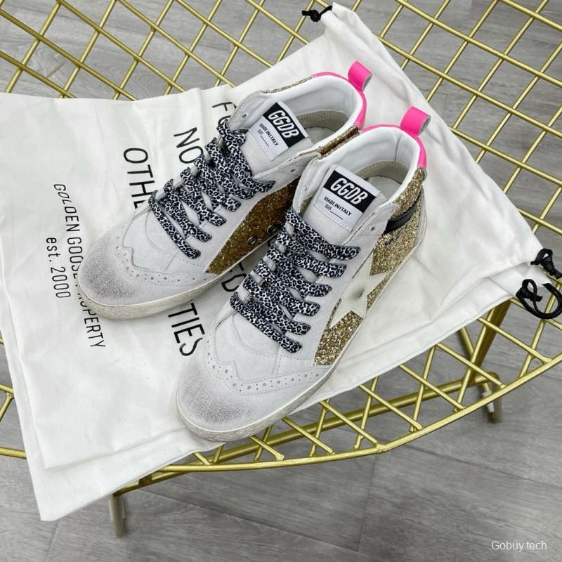 2024 Women GGDB Gold White Leather Glitter High Top Sneakers MJ015AM