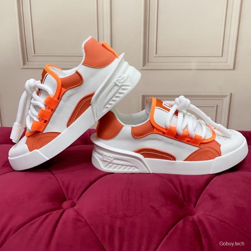 2025 Unisex Dolce & Gabbana Orange White Mesh Leather Sneakers