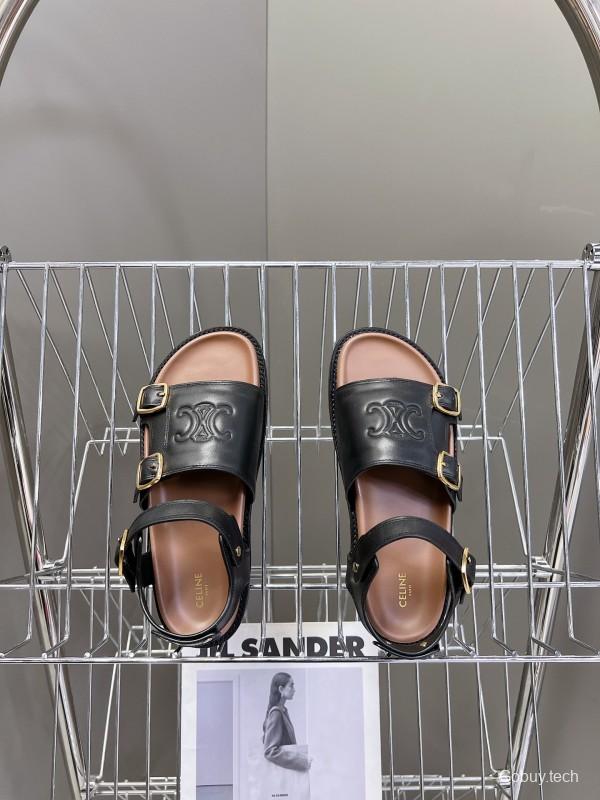 2025 Women Celine Black Leather Sandals Buckle KFY00280