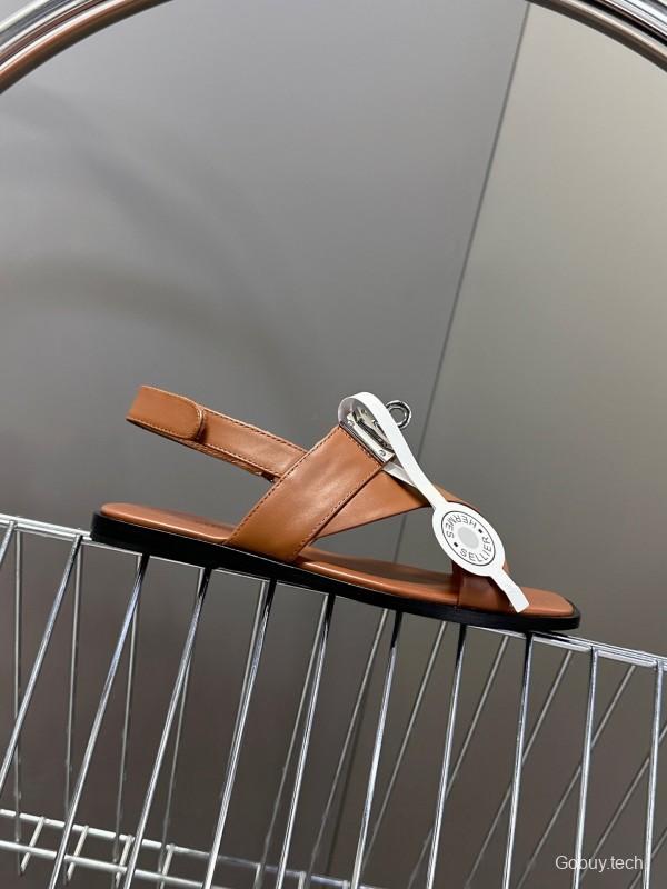 2025 Women Hermès Brown White Calfskin Leather Sandals Metal Hardware KFY00300