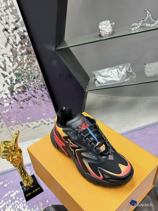 2025 Men Louis Vuitton Black Yellow Orange Mesh Leather Sneakers MJ00420