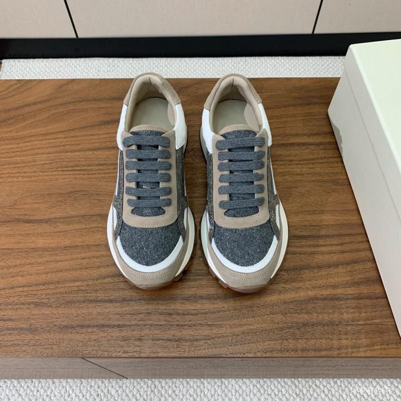 2025 Unisex Brunello Cucinelli Beige Gray White Leather Wool Casual Sneakers LY