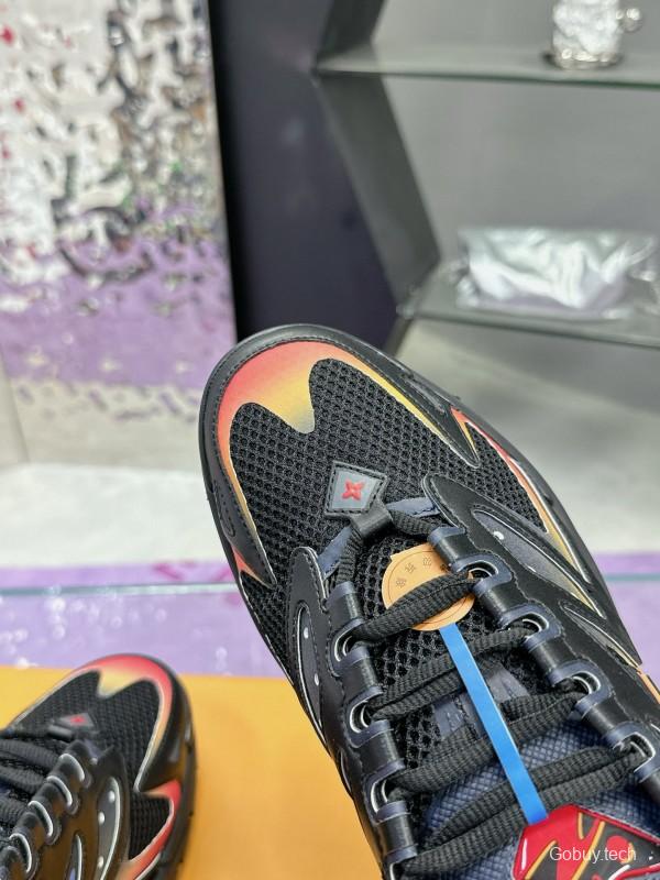 2025 Men Louis Vuitton Black Yellow Orange Mesh Leather Sneakers MJ00420