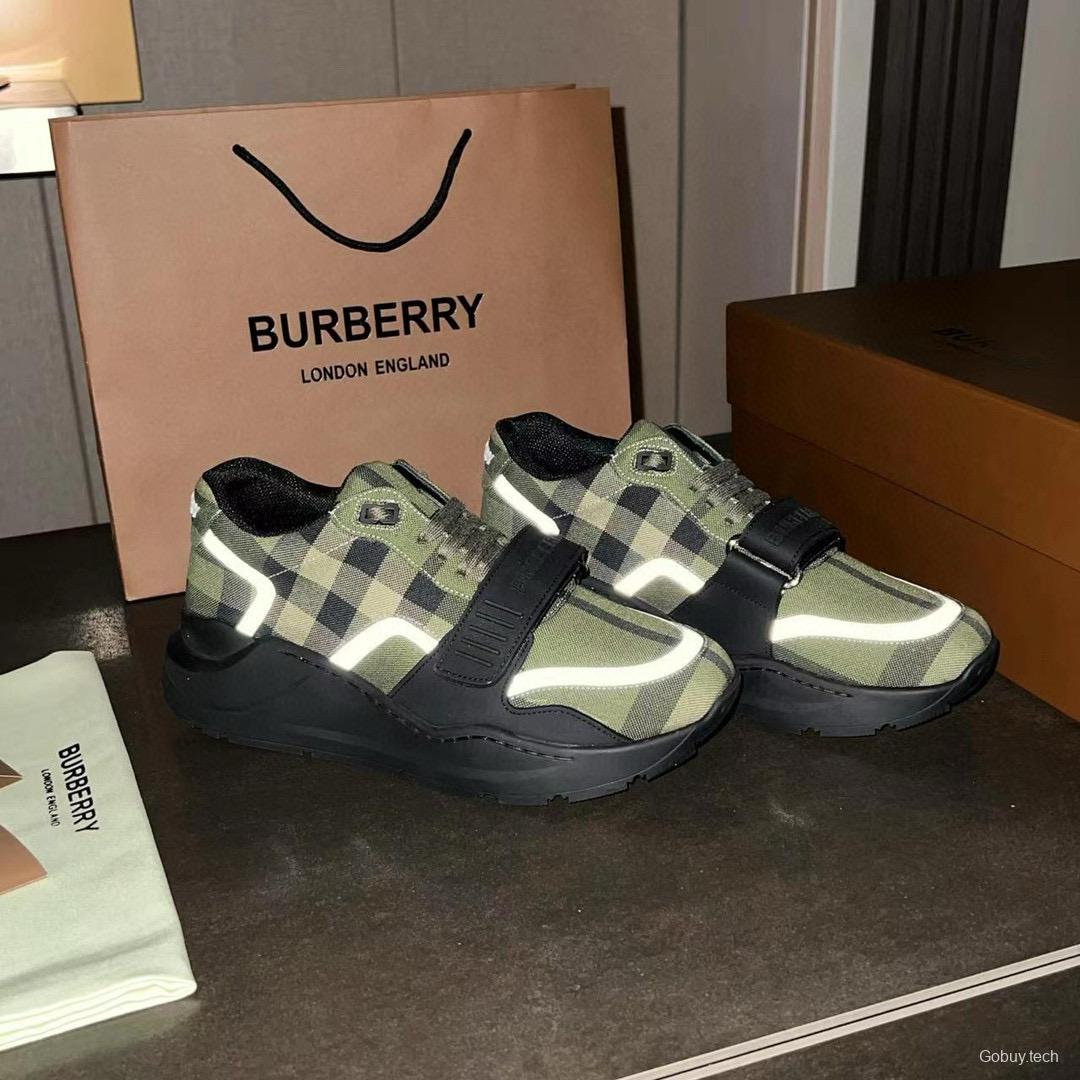 2025 Unisex Burberry Green Black Cotton Calfskin Suede Sneakers MJ00360(W)