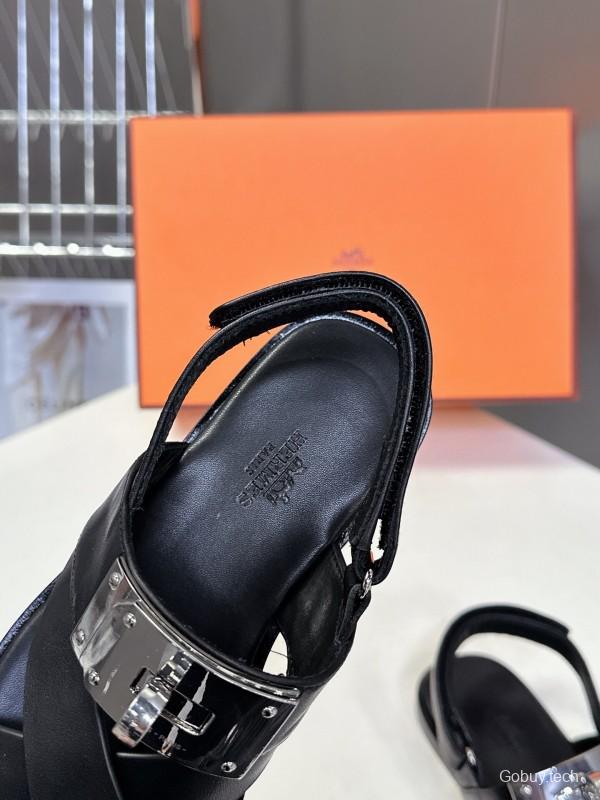 2025 Women Hermès Black Leather Sandals Metal Buckle KFY00300