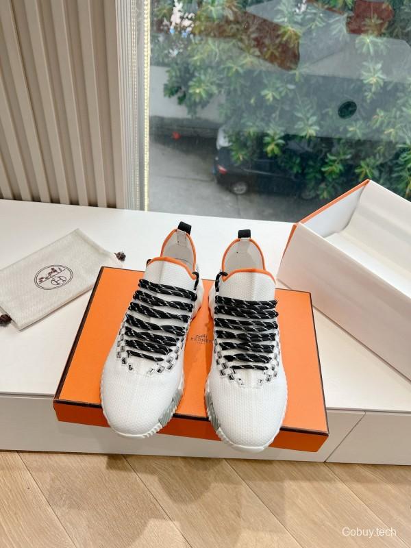 2024 Unisex Hermès White Black Orange Calfskin Suede Knit Sneakers MJ00290