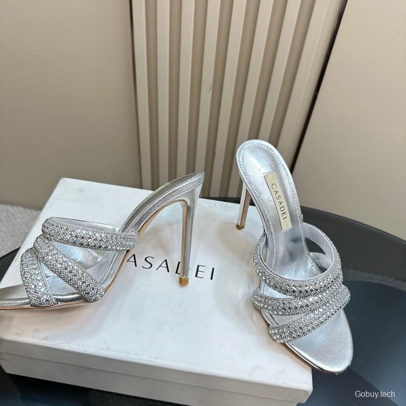 2025 Women Casadei Silver Leather High Heel Crystal Embellished KFY00290