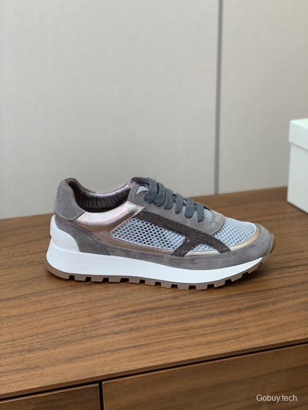 2025 Unisex Brunello Cucinelli Grey Silver Suede Mesh Sneakers