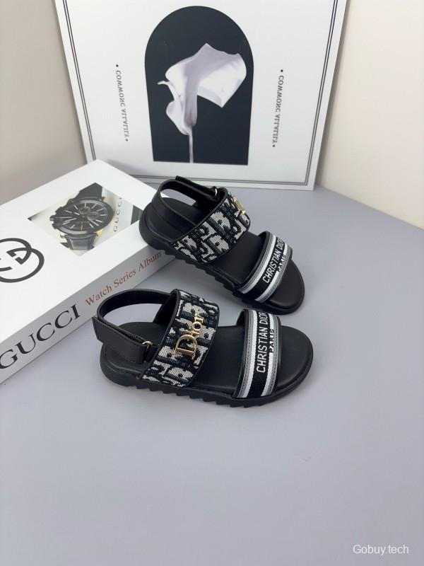 2025 Kids Dior Gray Black Canvas Leather Sandals