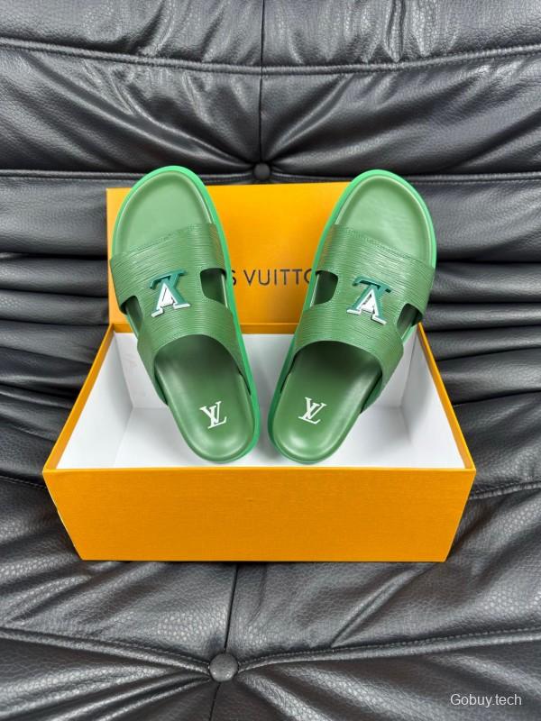 2025 Men Louis Vuitton Green Leather Slippers AS00170